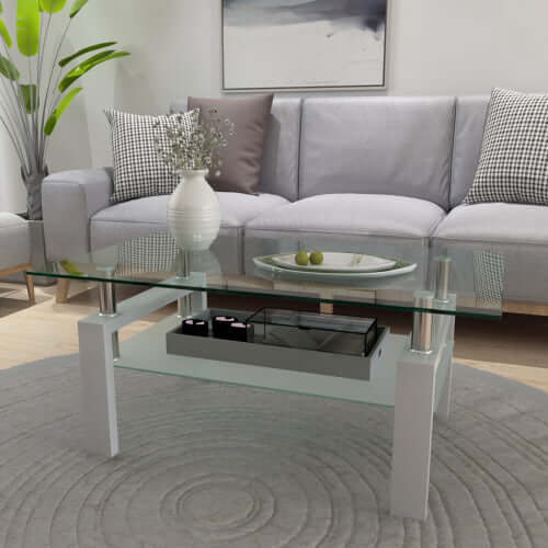 Minimalist white and glass center table in a contemporary living room