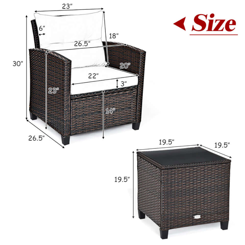 Dimensions of 3-piece rattan outdoor bistro set featuring ergonomic wicker chairs and a coffee table.