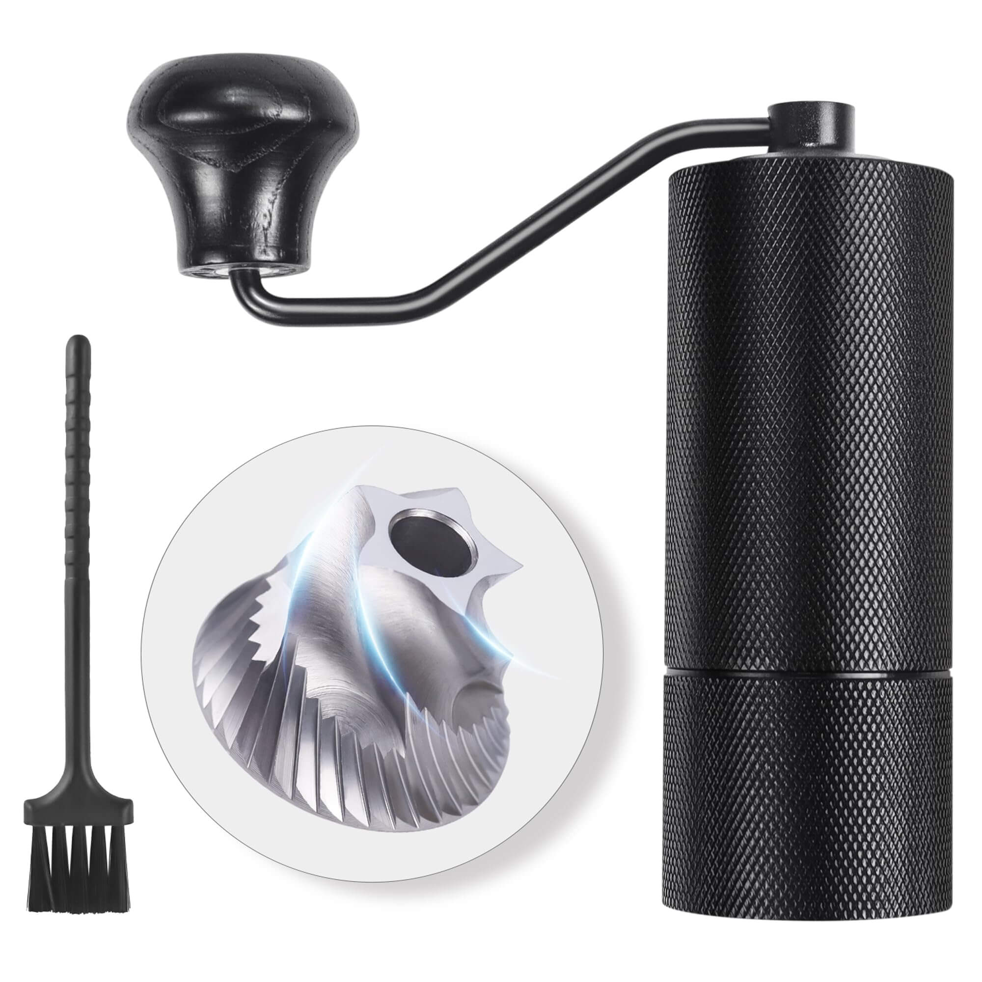 TRINIDa CNC precision manual coffee grinder in sleek black finish with a professional stainless steel handle