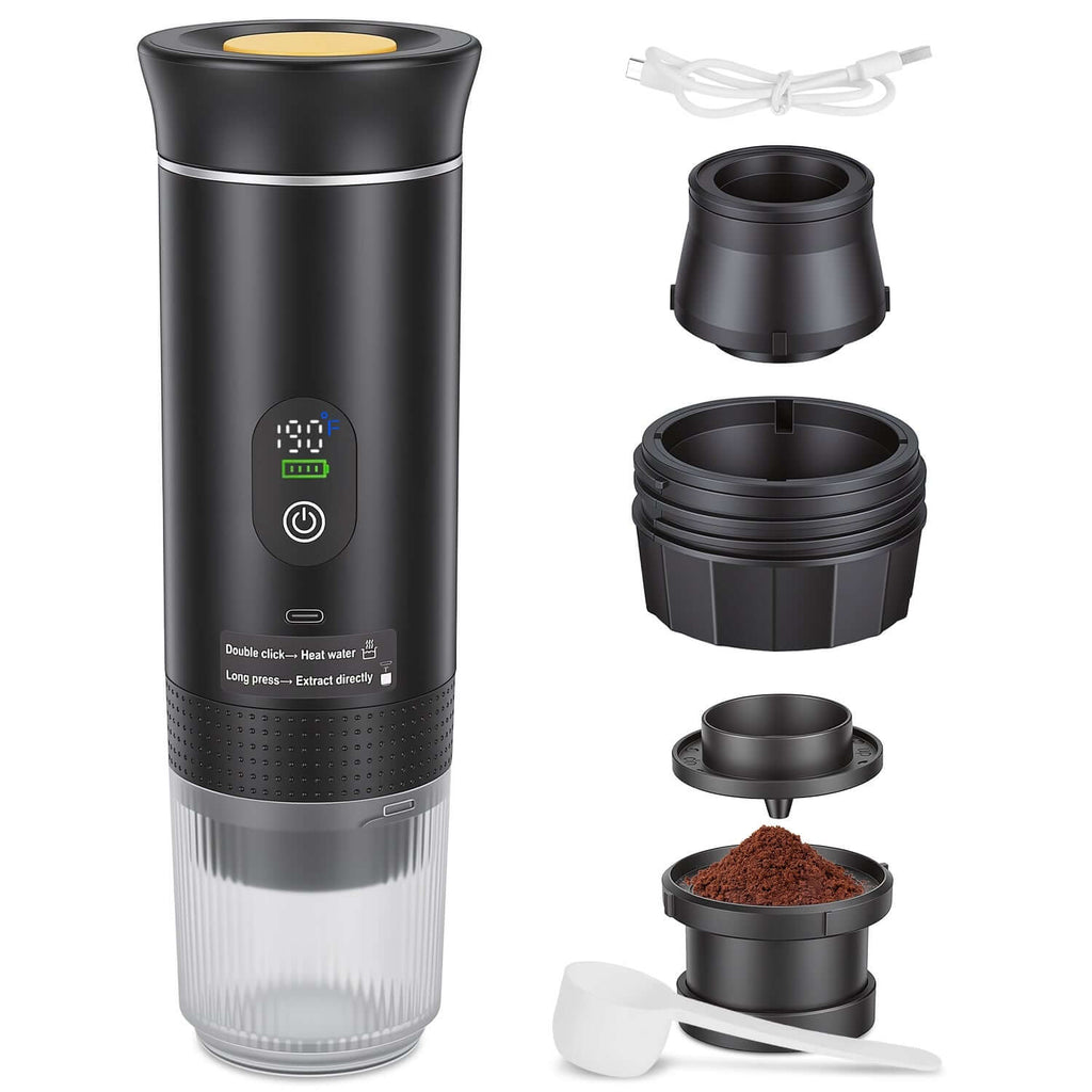 3-in-1 Self-Heating Portable Espresso Machine | 20 Bar Travel Maker for Capsules & Ground