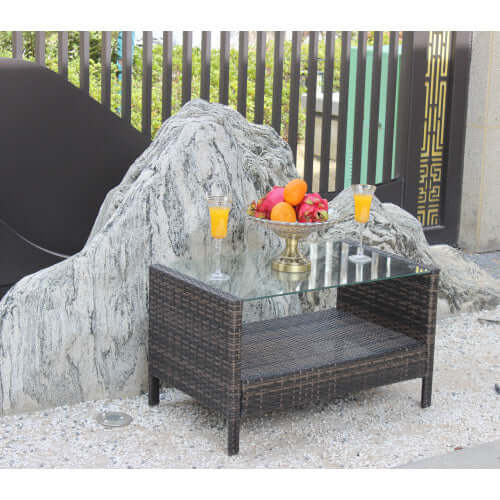 UV resistant brown PE rattan weave detail on garden coffee table