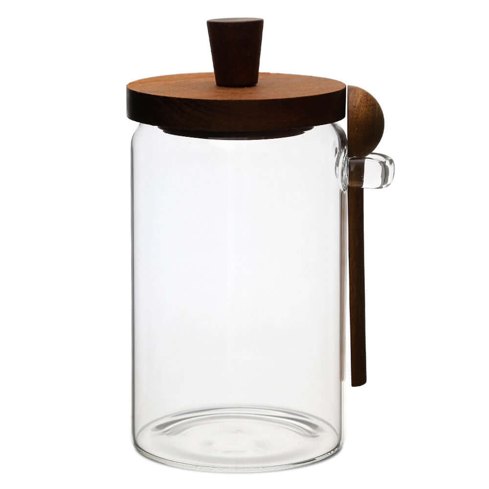 25oz Glass Coffee & Sugar Jar with Bamboo Lid - Airtight Storage Canister with Integrated Wooden Spoon