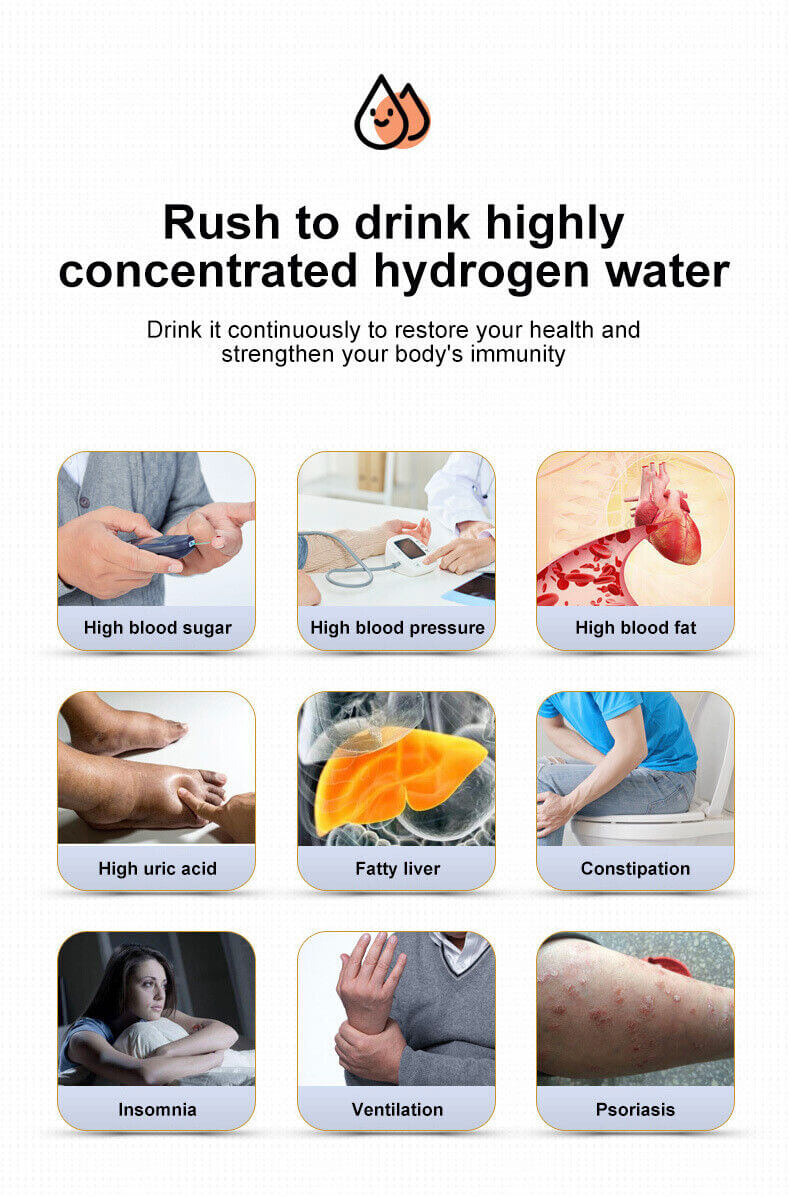 Image showcasing benefits of drinking hydrogen water for health issues like high blood sugar, pressure, and more.