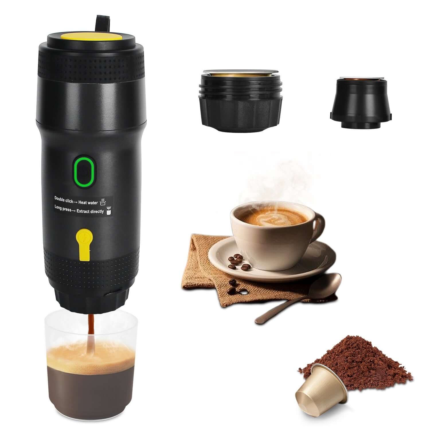 Portable 72W electric espresso machine with self-heating and 20 bar pressure black