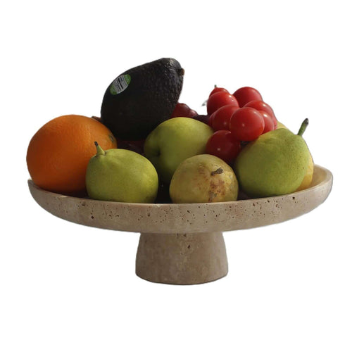 10 inch natural beige travertine stone fruit bowl with pedestal base on white background