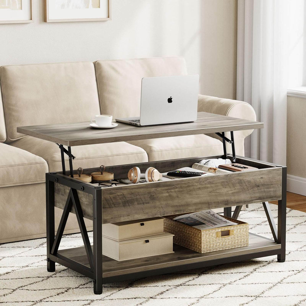 Memobarco Lift Top Coffee Table (SpaceGrey) – Adjustable Height Surface with Hidden Storage Compartment & Open Shelf