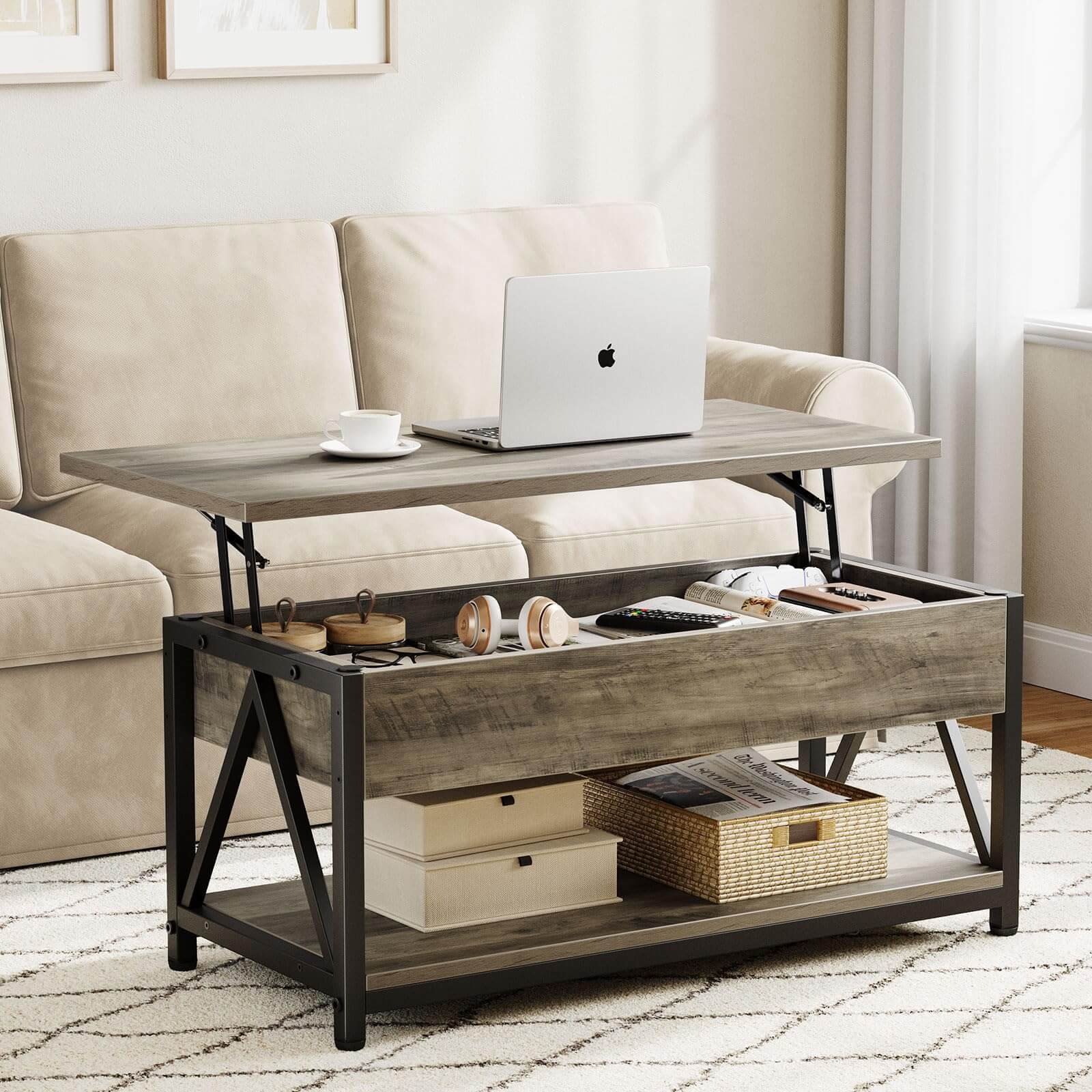 Memobarco Lift Top Coffee Table (SpaceGrey) – Adjustable Height Surface with Hidden Storage Compartment & Open Shelf
