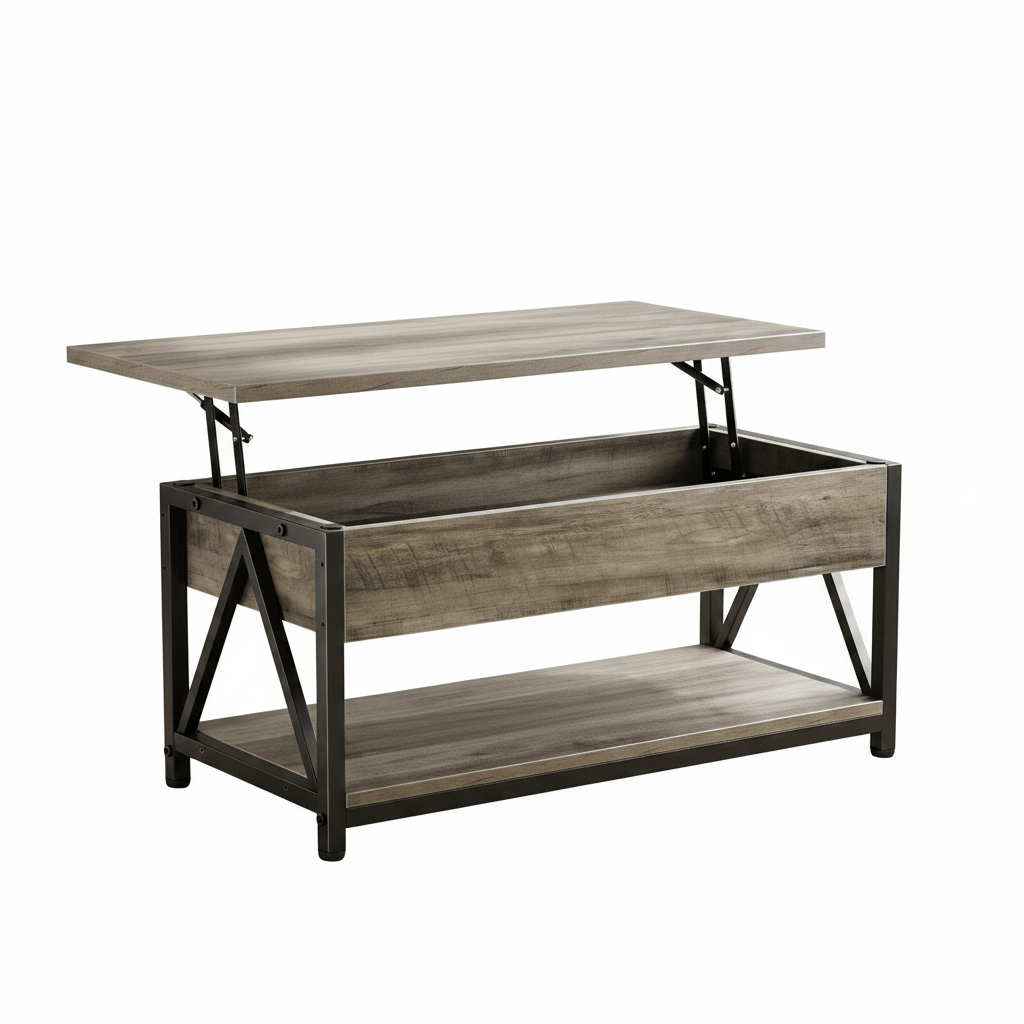Memobarco SpaceGrey lift-top coffee table in a modern living room showing the adjustable height mechanism.