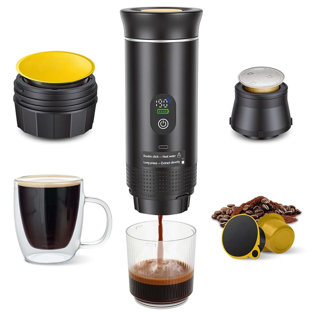3-in-1 portable espresso machine with self-heating and 20 bar pressure black