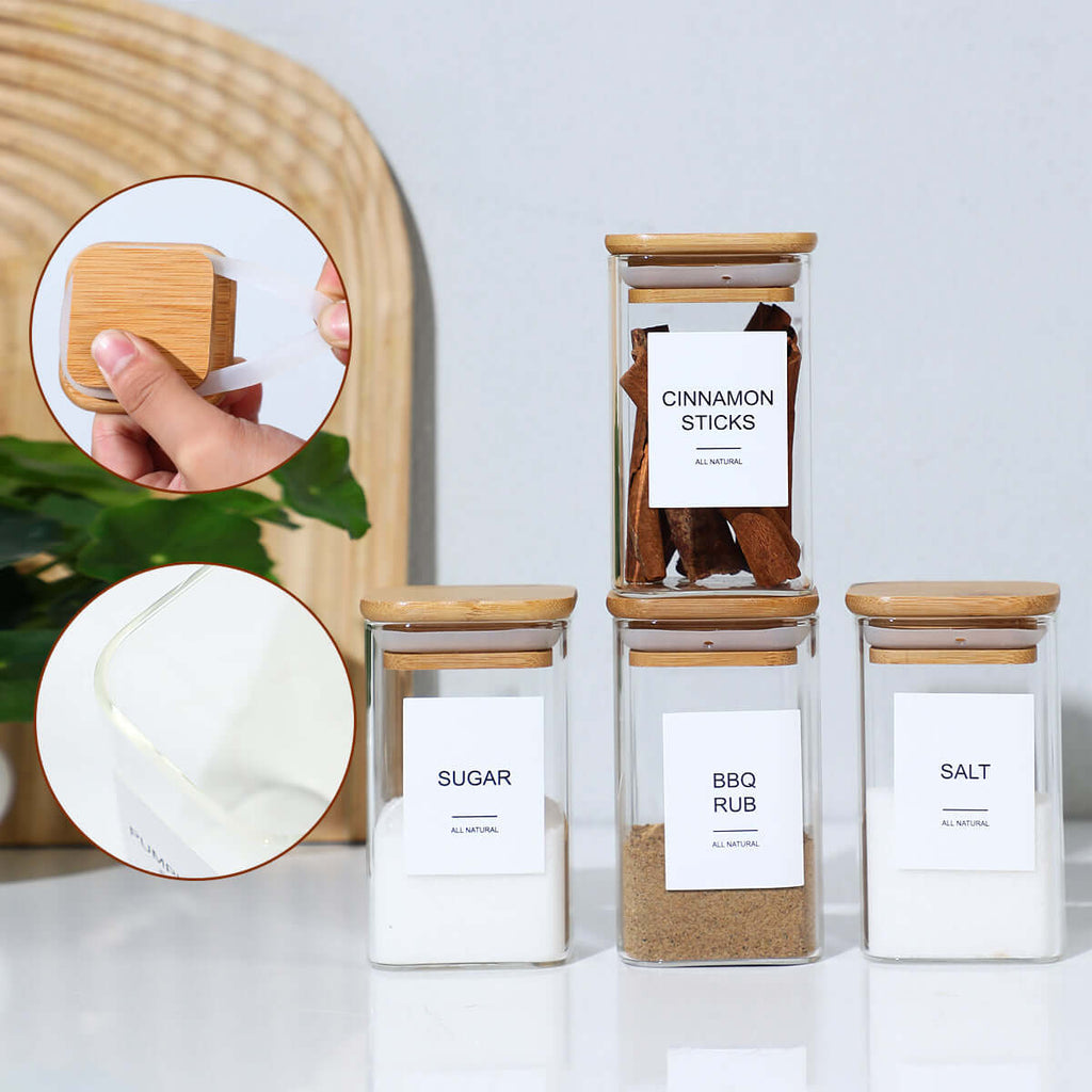24-Piece Glass Spice Jars Set | 4oz Square Seasoning Containers with Airtight Bamboo Lids