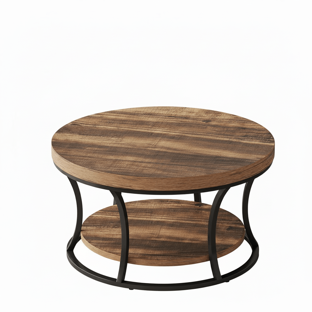  Condemo round storage coffee table in rustic brown with a black metal frame and 2-tier design