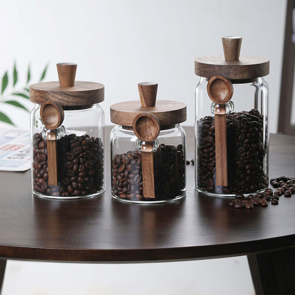 Modern minimalist coffee station organization with glass storage jars