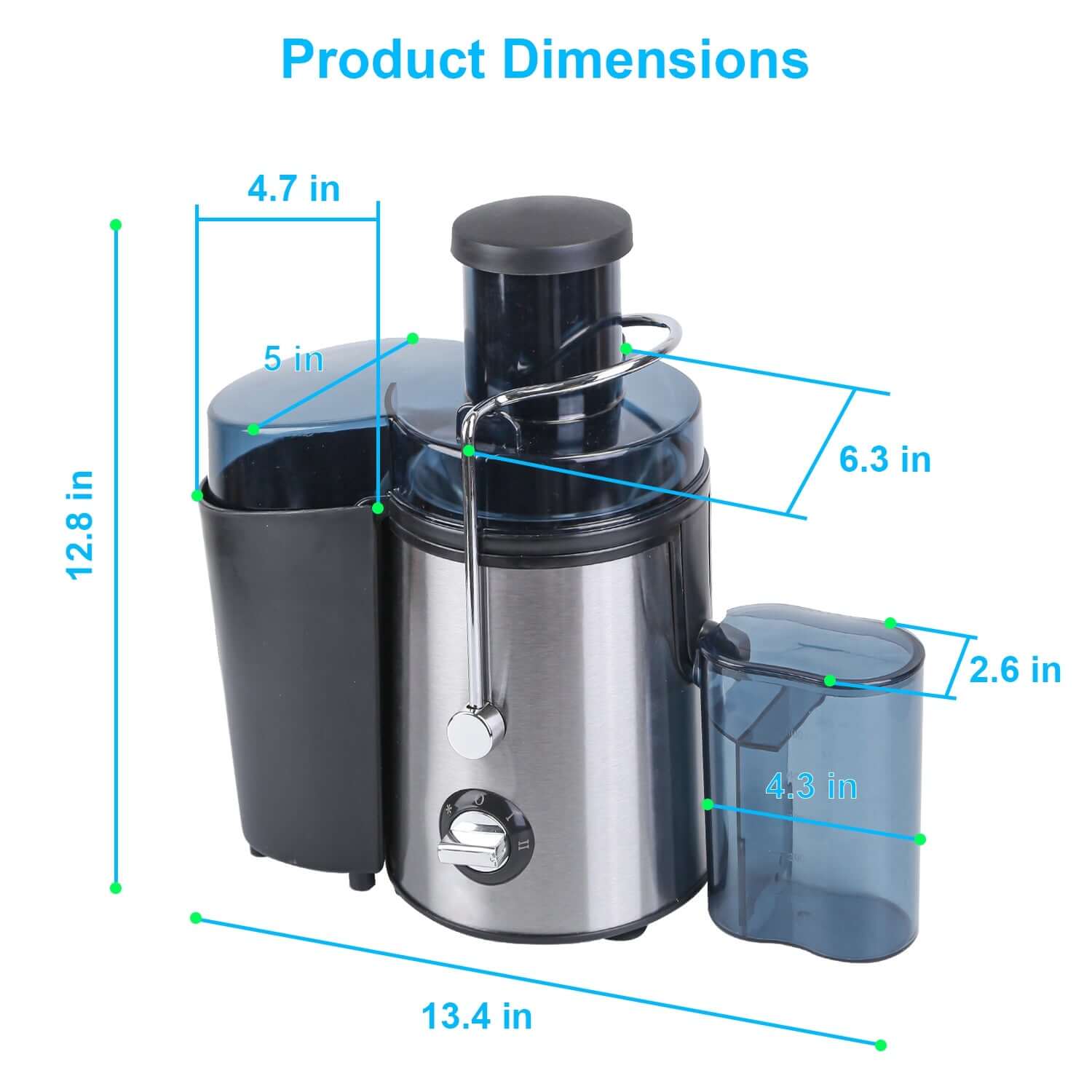 Product dimensions of a powerful 1000W centrifugal juicer with a 2.6" wide feed chute.