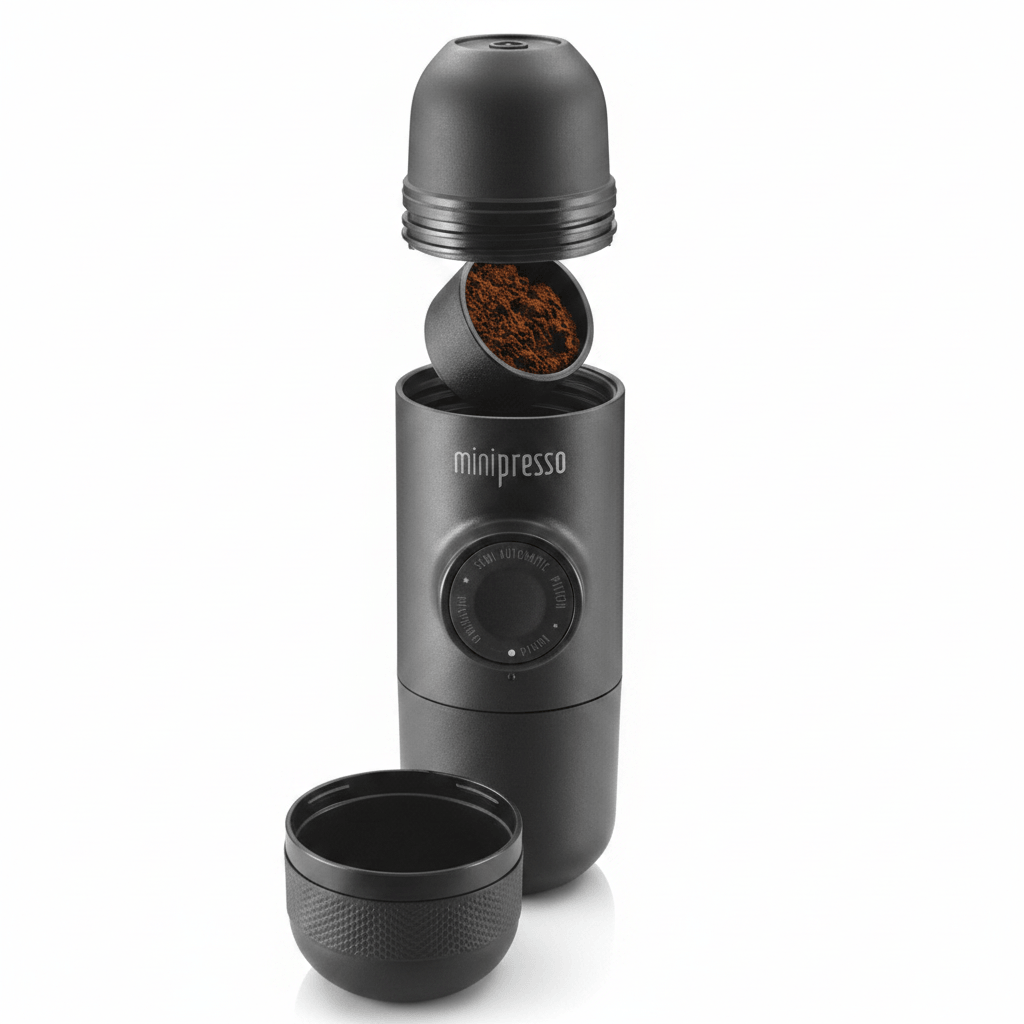 WACACO Minipresso portable manual espresso maker in blue and black