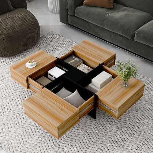 Sleek Square Storage Coffee Table – Modern Sliding Top Centerpiece – Hidden Compartments & Glossy Finish in Brown