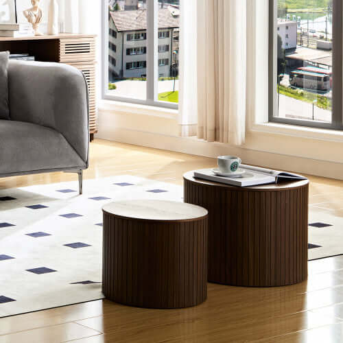 Walnut Round Nesting Coffee Table Set (Set of 2) – Space-Saving Modern Circular Centerpiece – Elegant Wood Finish for Living Room