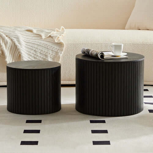 Sleek Nesting Coffee Table Duo (Set of 2) – Modern Circular Space-Saving Tables – Minimalist Black Walnut Finish for Living Room