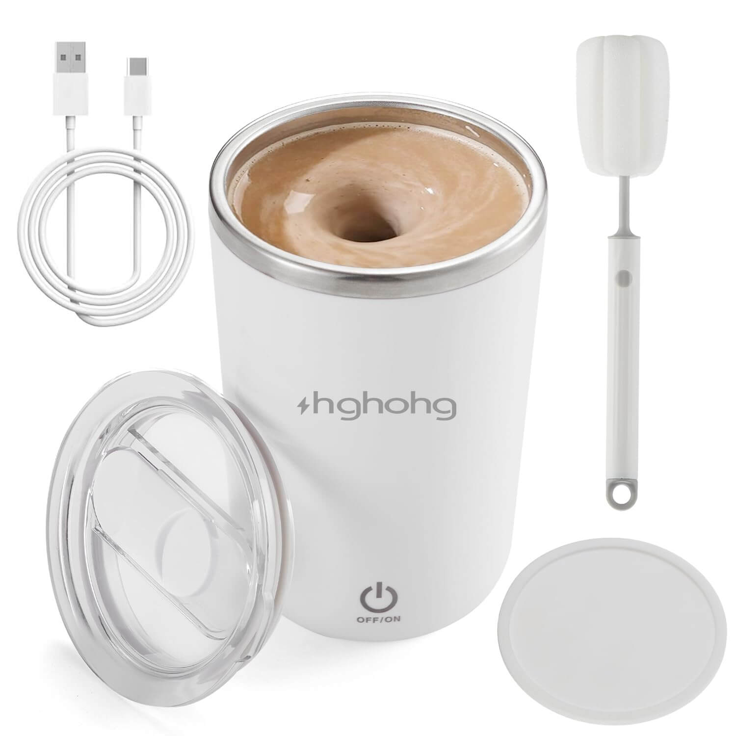 Orchme AutoStir 12oz self-stirring travel mug in white with magnetic mixing technology.