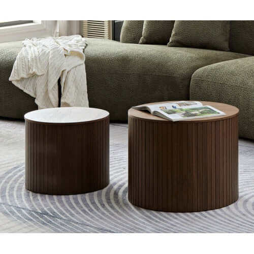 Walnut Round Nesting Coffee Table Set (Set of 2) – Space-Saving Modern Circular Centerpiece – Elegant Wood Finish for Living Room
