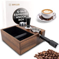 Espresso Master Station 4-in-1 in premium walnut wood, holding a professional portafilter and tamping tools.