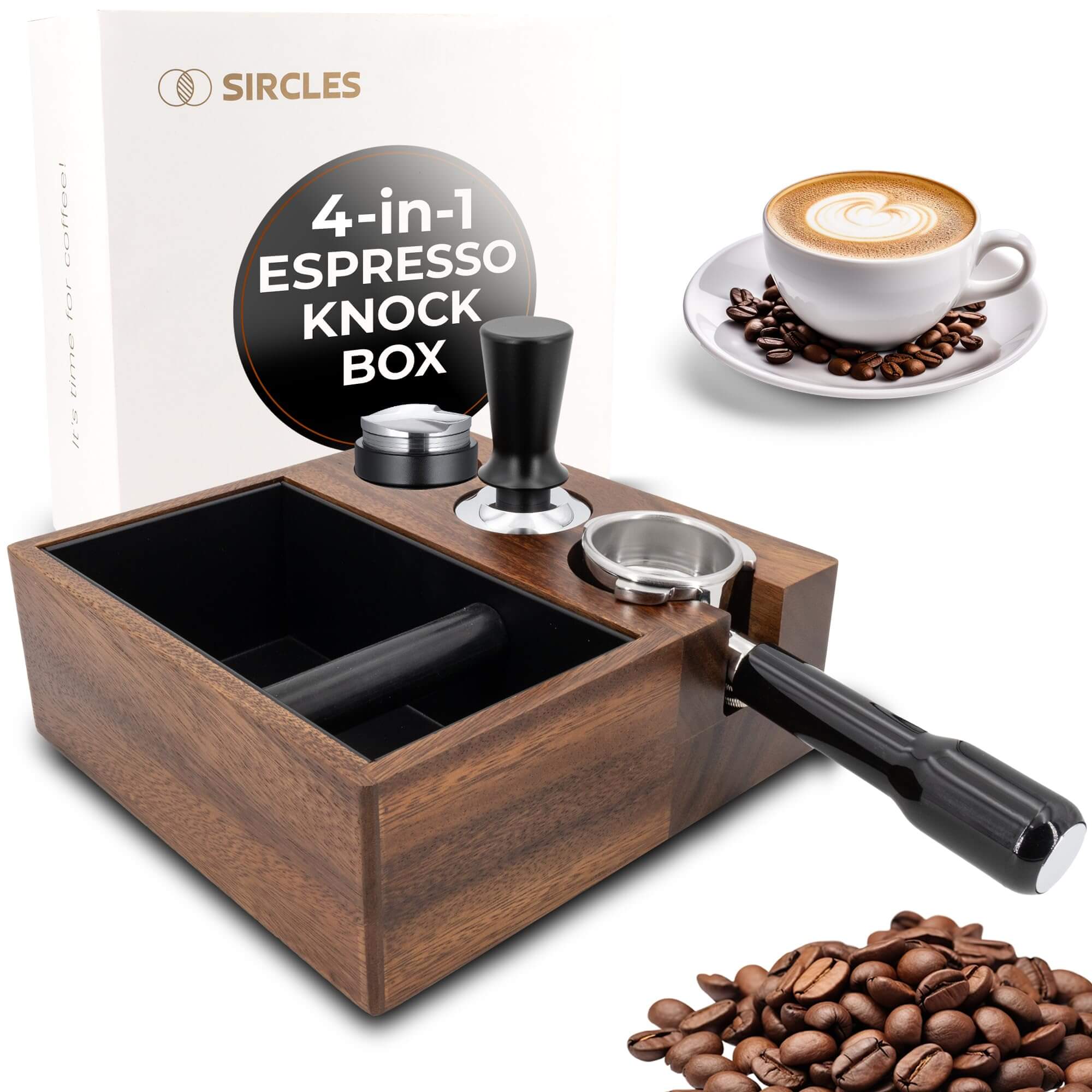 Espresso Master Station 4-in-1 in premium walnut wood, holding a professional portafilter and tamping tools.