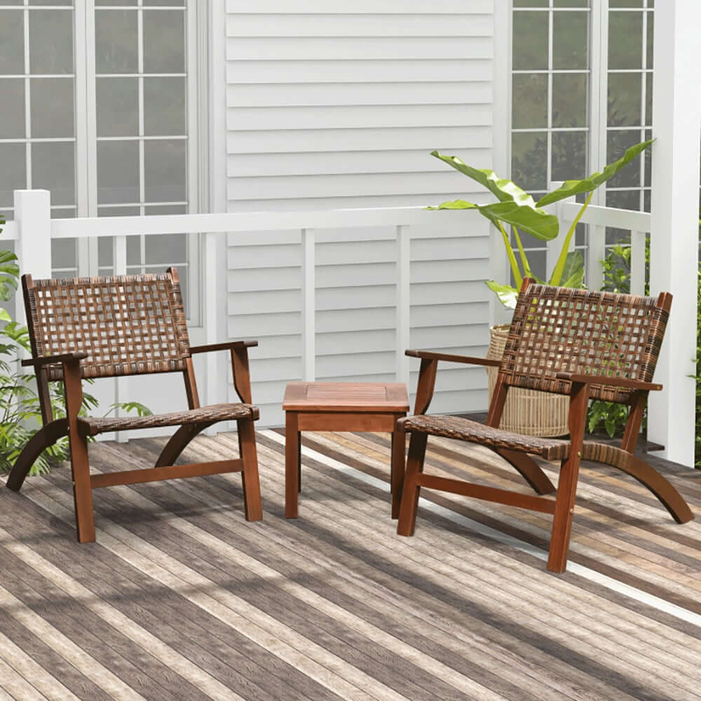 3-piece Solid Eucalyptus Wood and Rattan patio set with two chairs and a table placed on a deck.