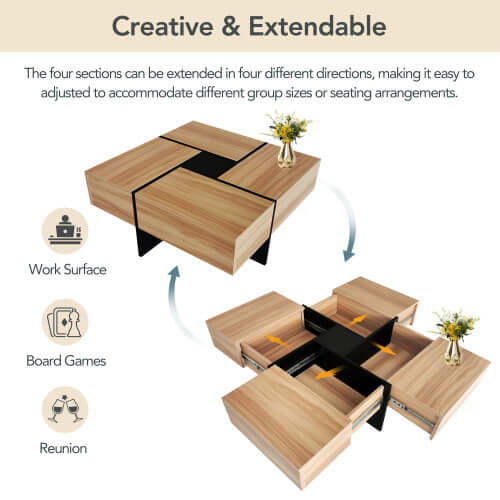 Creative and extendable coffee table with four sections for versatile use and adjustable seating arrangements.
