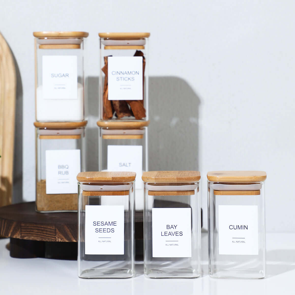 24-Piece Glass Spice Jars Set | 4oz Square Seasoning Containers with Airtight Bamboo Lids