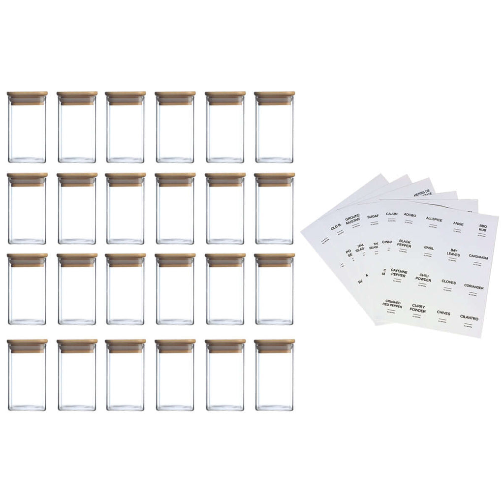 Large set of 24 square glass spice jars with natural bamboo lids for kitchen organization
