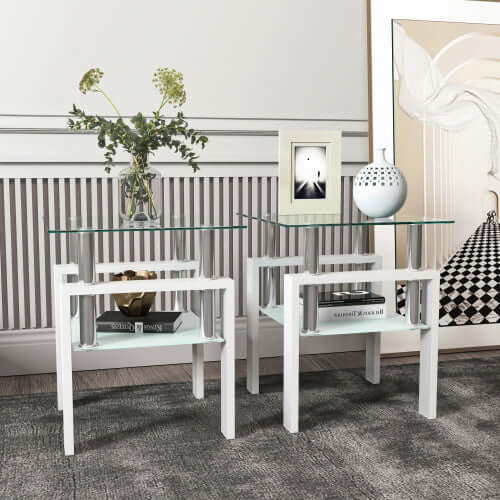 Modern Tempered Glass Tea Table Set (2-Pack) – Minimalist Circular Nesting Tables – Elegant White Base Centerpiece for Living Room