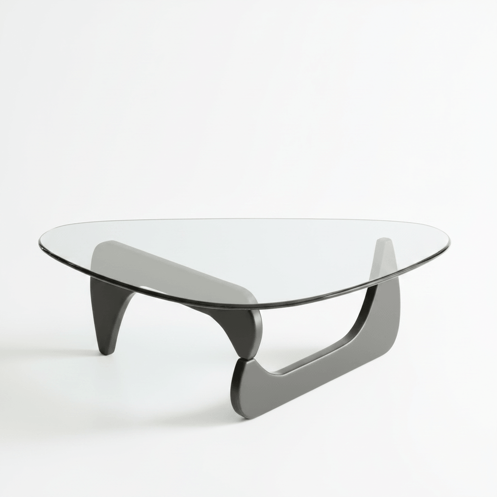 Mid-Century triangle glass coffee table with a clear tempered glass top and black solid wood base.