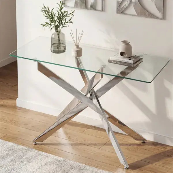 Luxury silver console table in a modern hallway with decorative trays