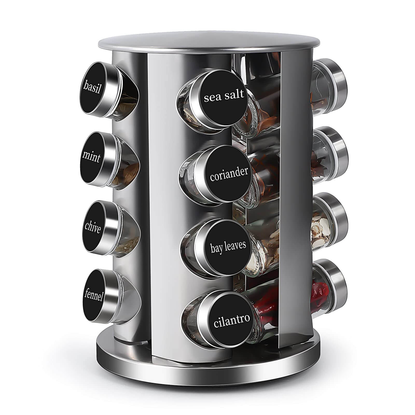 16-jar rotating stainless steel spice carousel with clear glass jars on white background