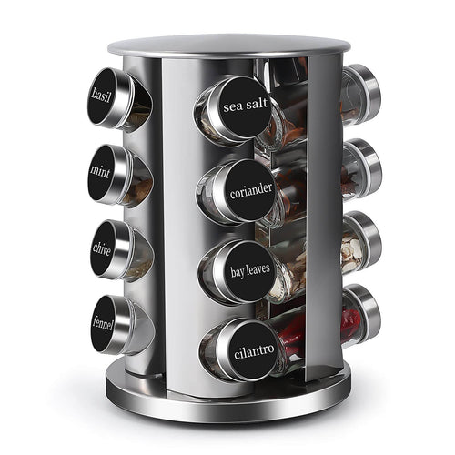 16-jar rotating stainless steel spice carousel with clear glass jars on white background