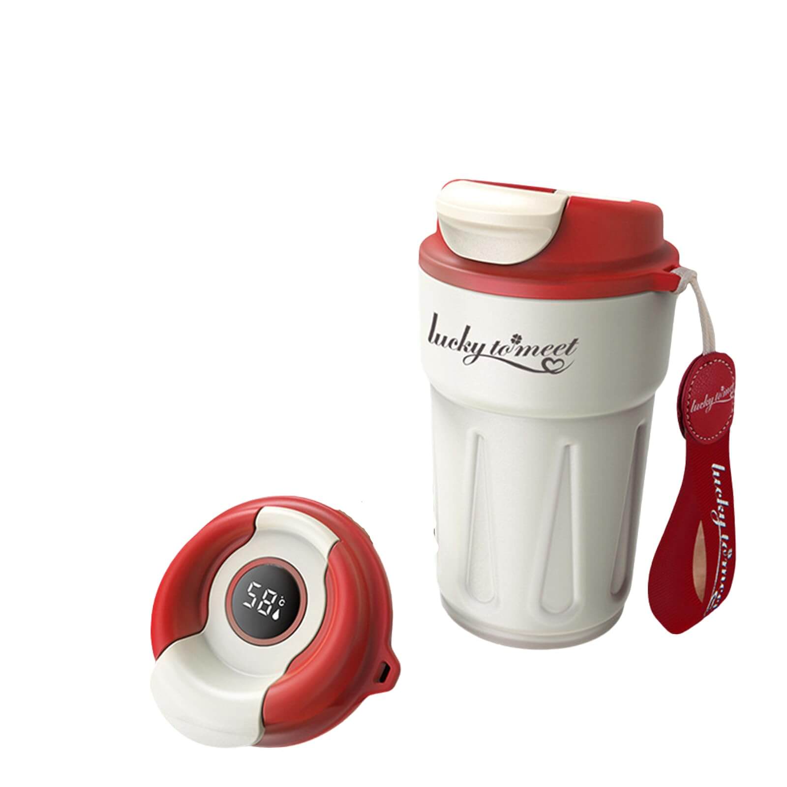 SmartTemp stainless travel mug in smart red with a digital LED temperature display on the lid.