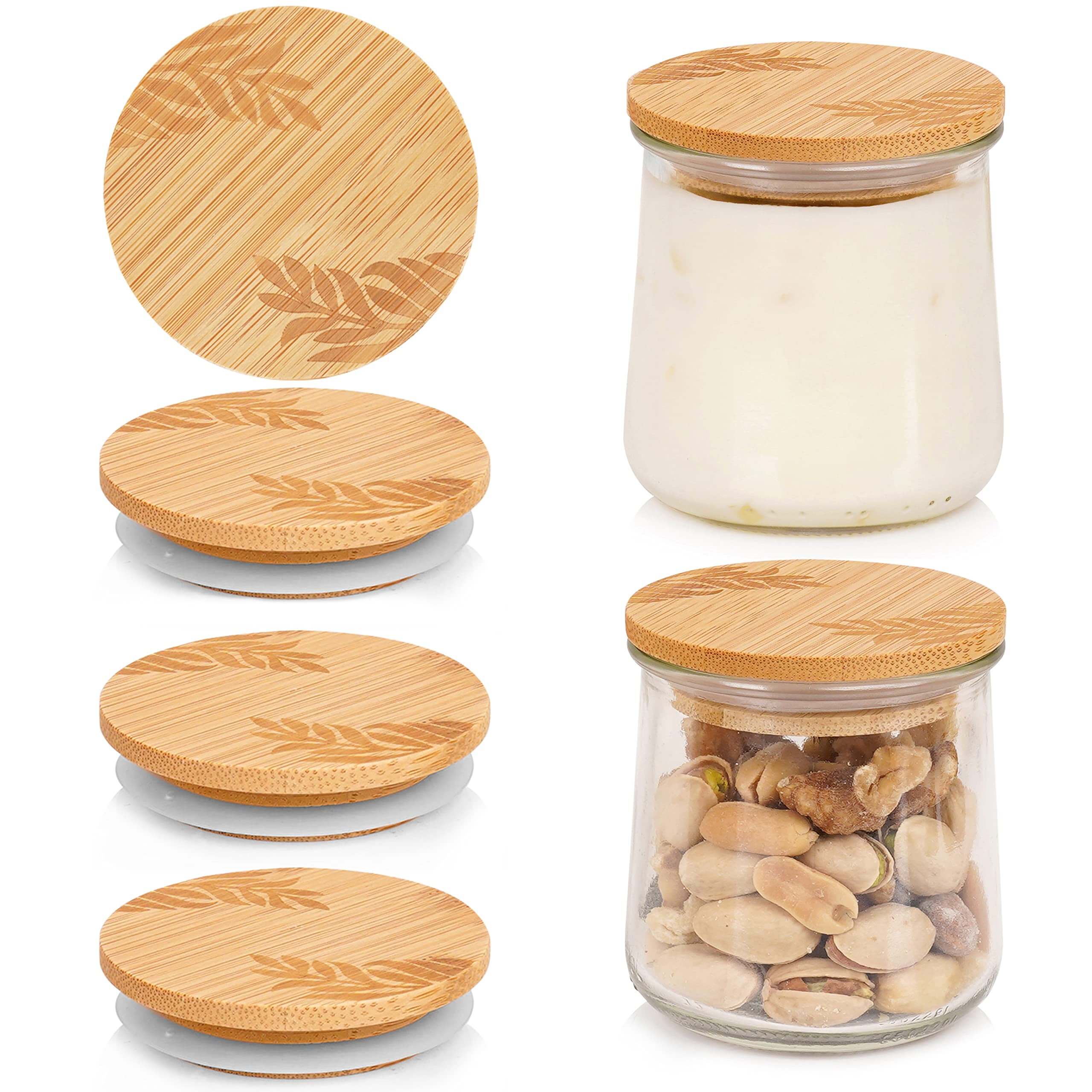 4-pack eco-friendly bamboo lids for Oui yogurt jars on white background