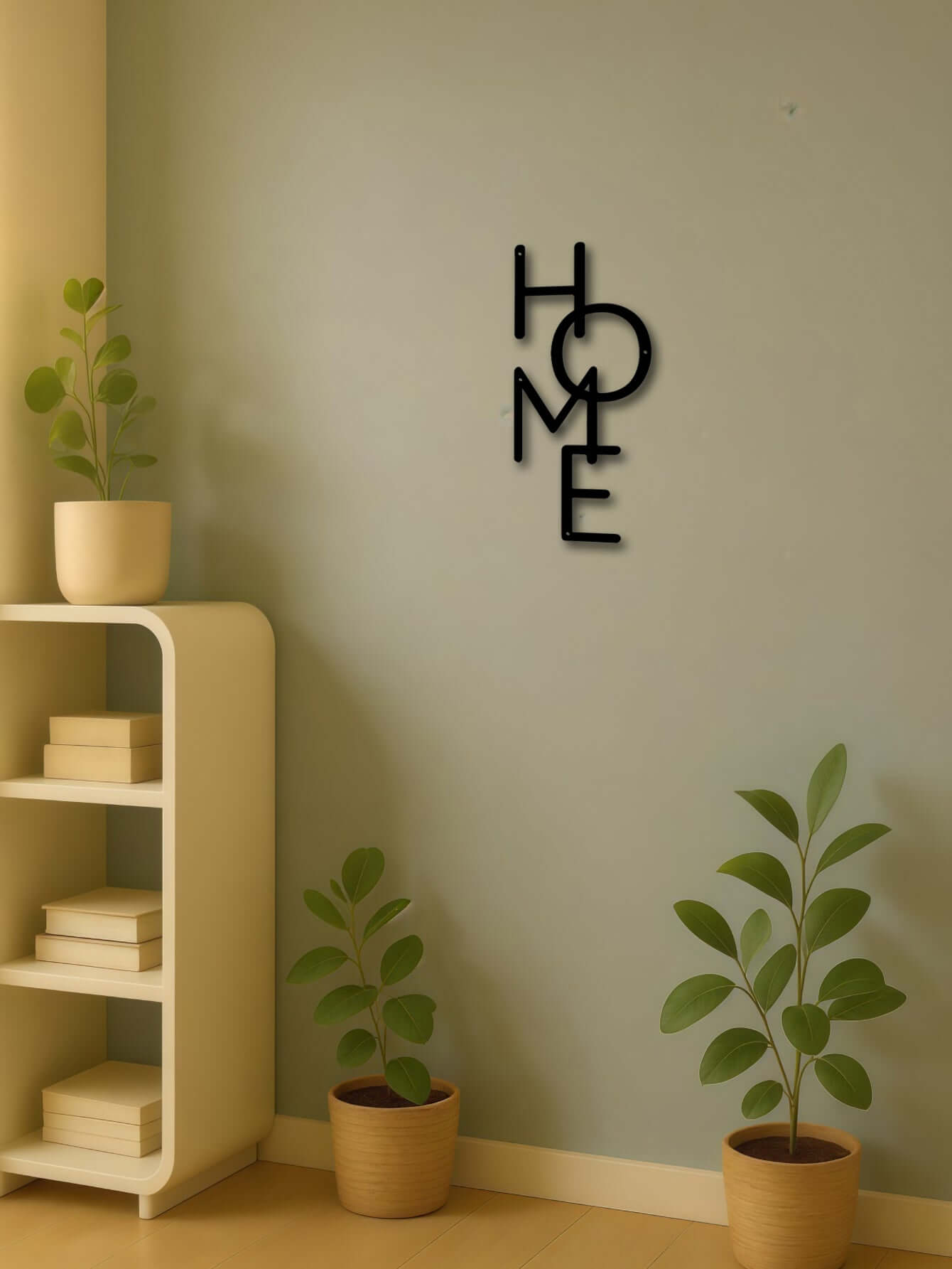 Minimalist metal "HOME" wall art sign in black, stylish decor for bedroom and living room walls.