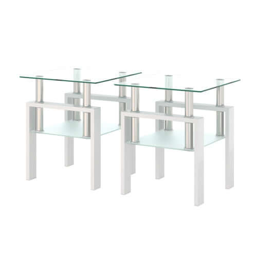 Set of two modern tempered glass tea tables with a minimalist white base for a contemporary living room