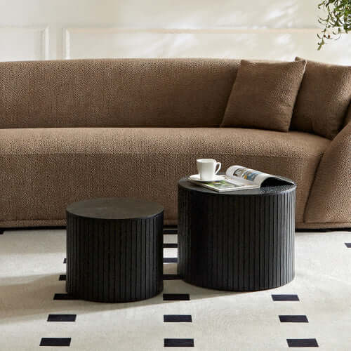 Sleek Nesting Coffee Table Duo (Set of 2) – Modern Circular Space-Saving Tables – Minimalist Black Walnut Finish for Living Room
