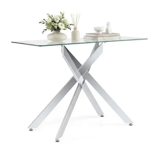 45" Modern Glass Console Table with Sculptural Chrome Frame and Decorative Accessories
