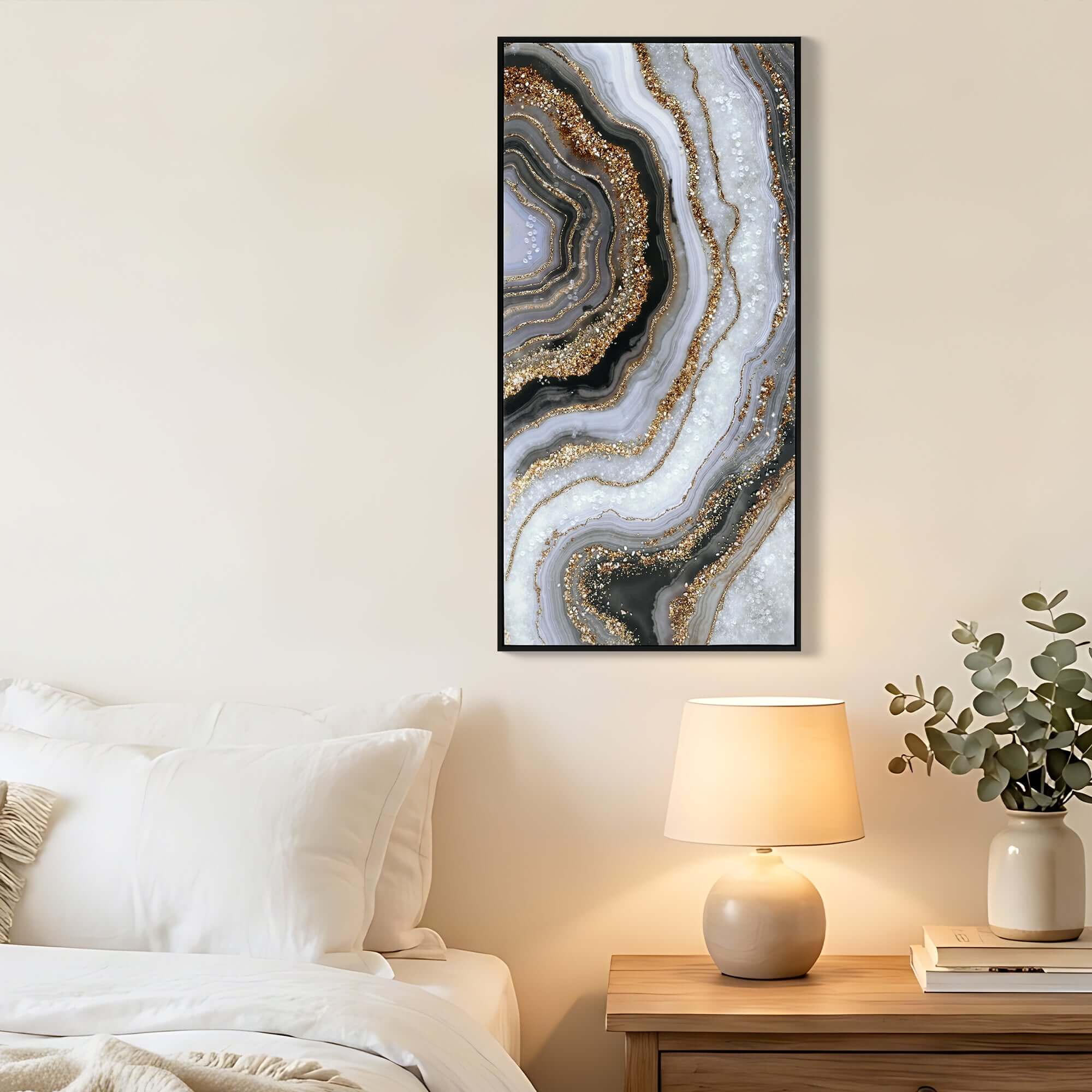 Large 20x40" abstract art featuring gold and black marble texture, perfect for modern home decor.