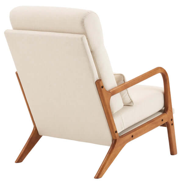 Mid-century modern accent chair with solid wood armrest and iron frame, off-white linen upholstery, ergonomic design.