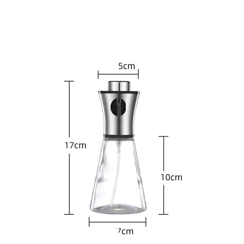 Premium glass oil and vinegar dispenser bottle with stainless steel leak-proof pourer, dimensions labeled