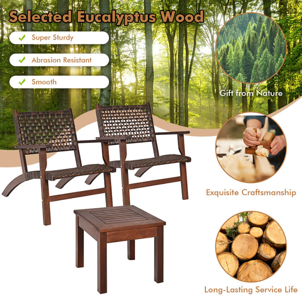 3-piece rattan patio set featuring solid eucalyptus wood chairs and table in a serene forest backdrop.