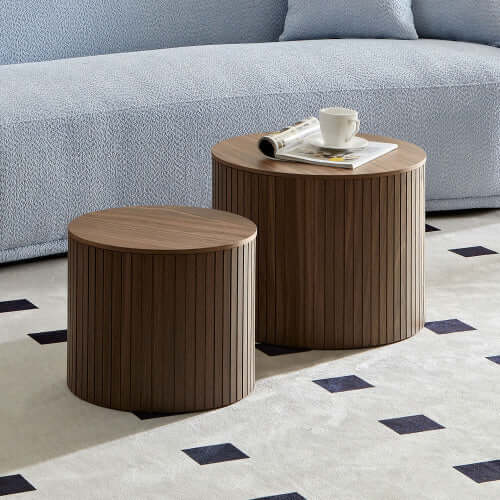 Walnut Round Nesting Coffee Table Set (Set of 2) – Space-Saving Modern Circular Centerpiece – Elegant Wood Finish for Living Room