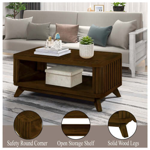 41.5" Rectangular Wooden Coffee Table – Pine & Solid Wood Centerpiece – Mid-Century Modern Design in Walnut | Sip & Sort