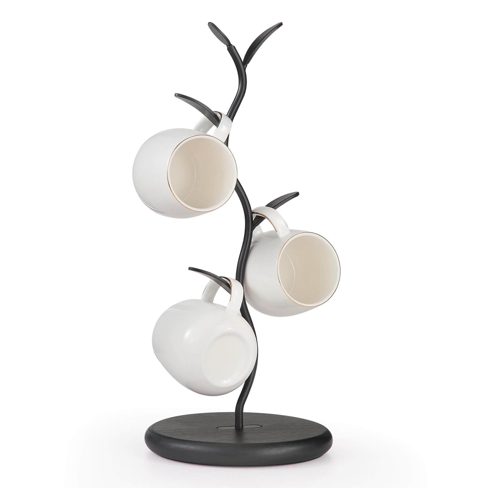  Midnight Mug Tree Stand in a sleek black leaf design with a wood finish base for coffee station organization