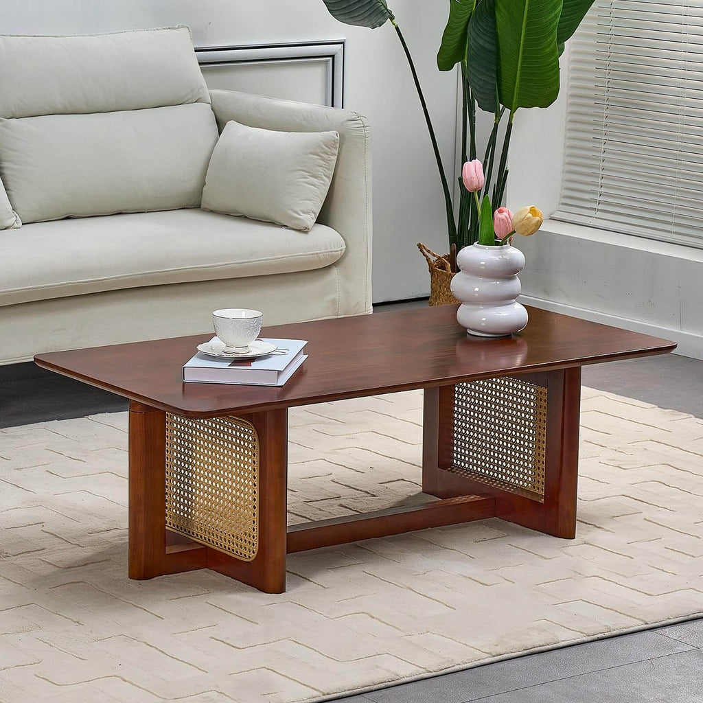 Chic Rattan 42.5" Wood Coffee Table – Mid-Century Modern Solid Wood Centerpiece – Sleek Rectangular Design