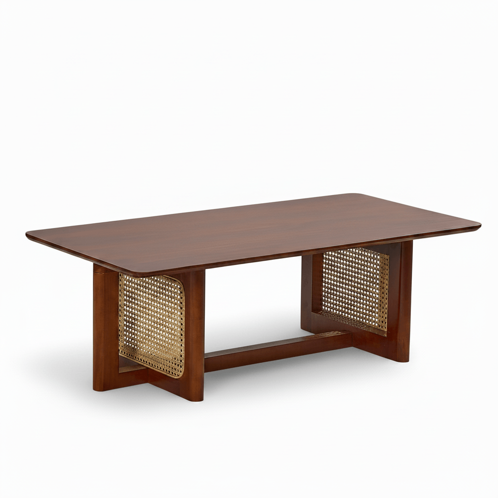 Chic 42.5-inch rattan wood coffee table in walnut color, featuring a minimalist rectangular design for a modern living room.