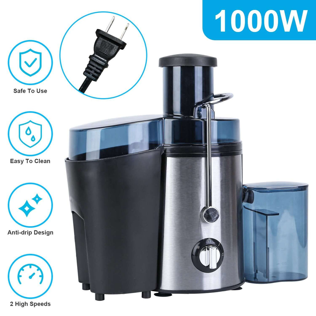 Powerful 1000W centrifugal juicer with 2 high speeds, safe to use, easy to clean, and anti-drip design.